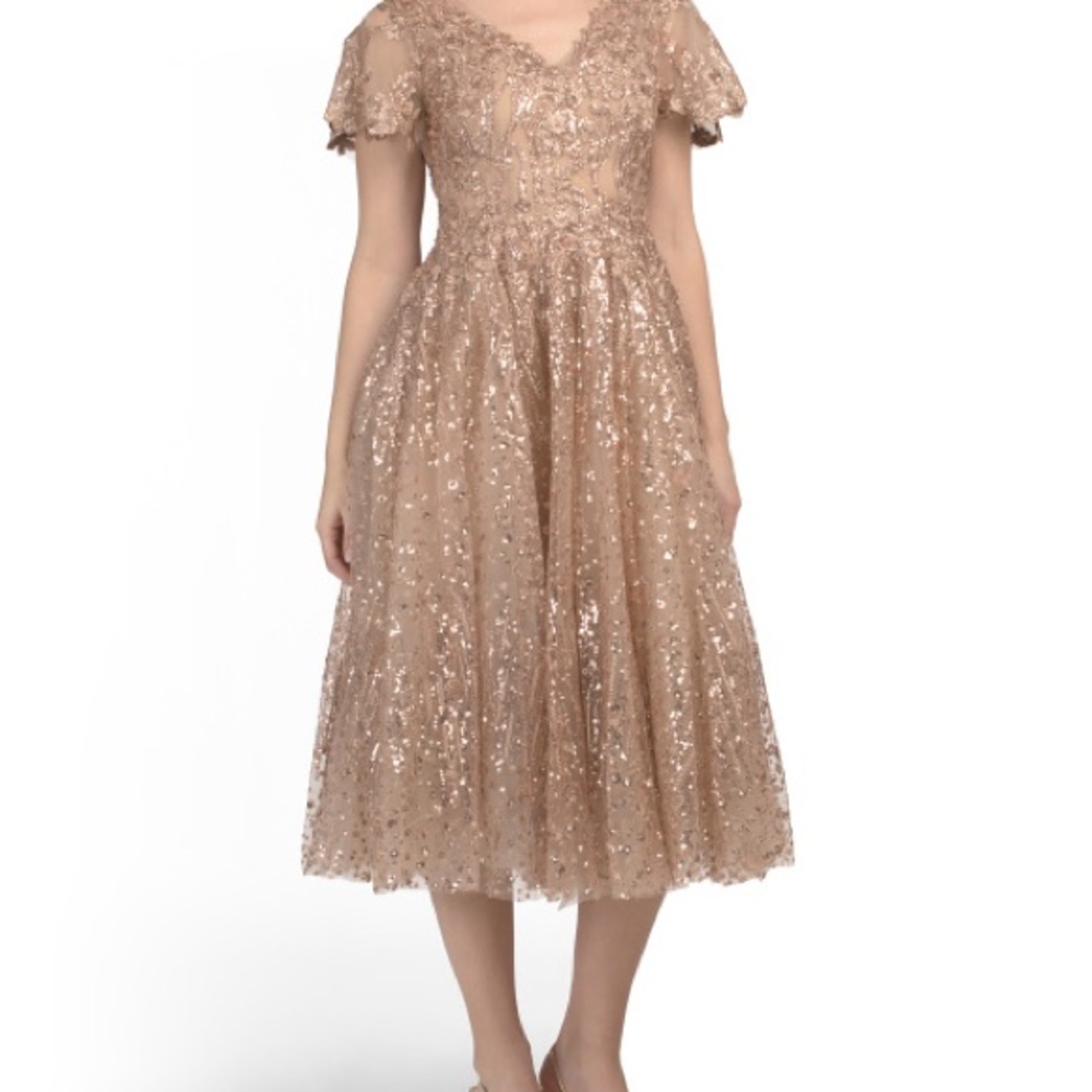 NEW Mac Duggal Rose Gold Sequin Tea-Length Midi Dress with tags